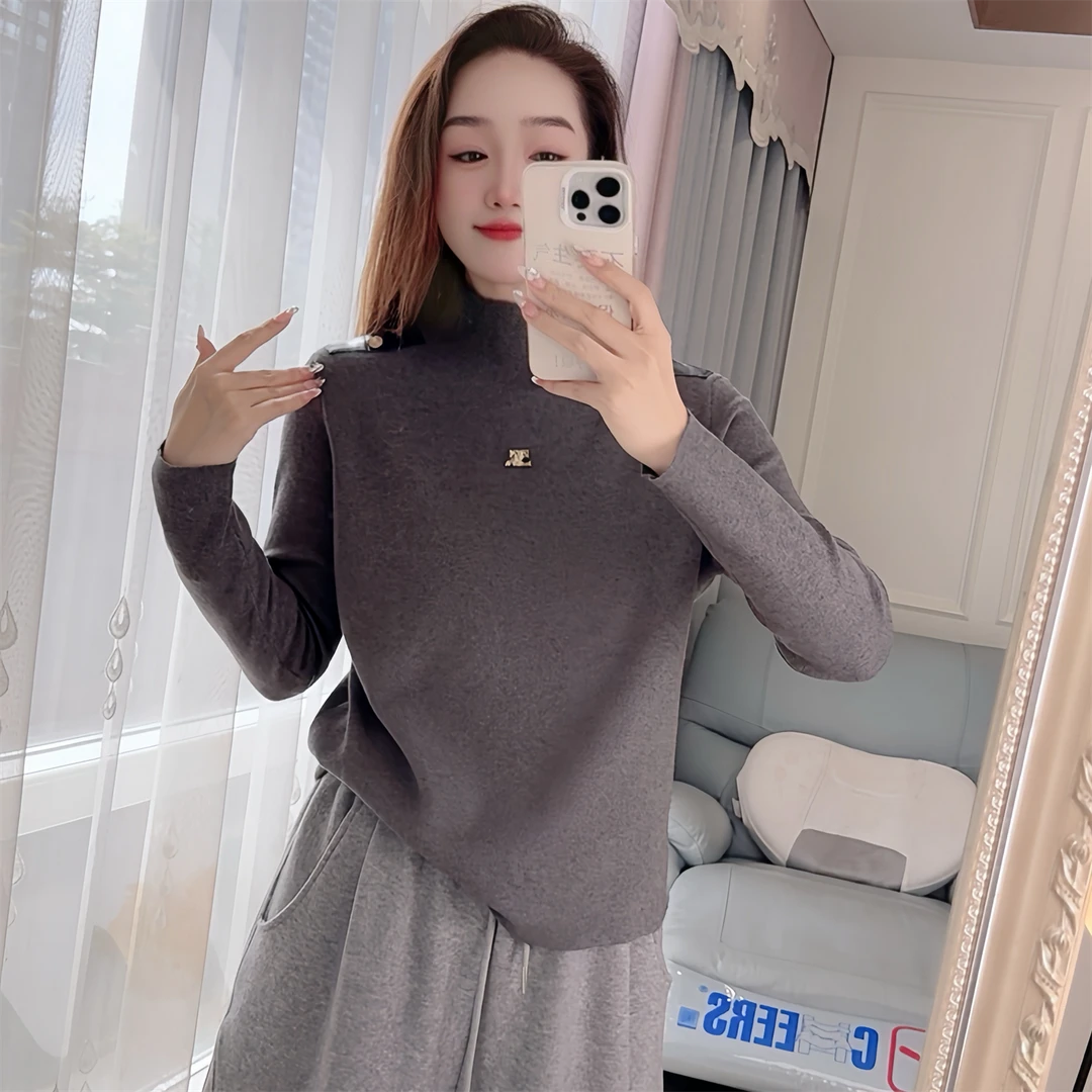 321现货秋冬季厚针织衫长袖打底衫宽松大码女装半高领贴皮打底衫