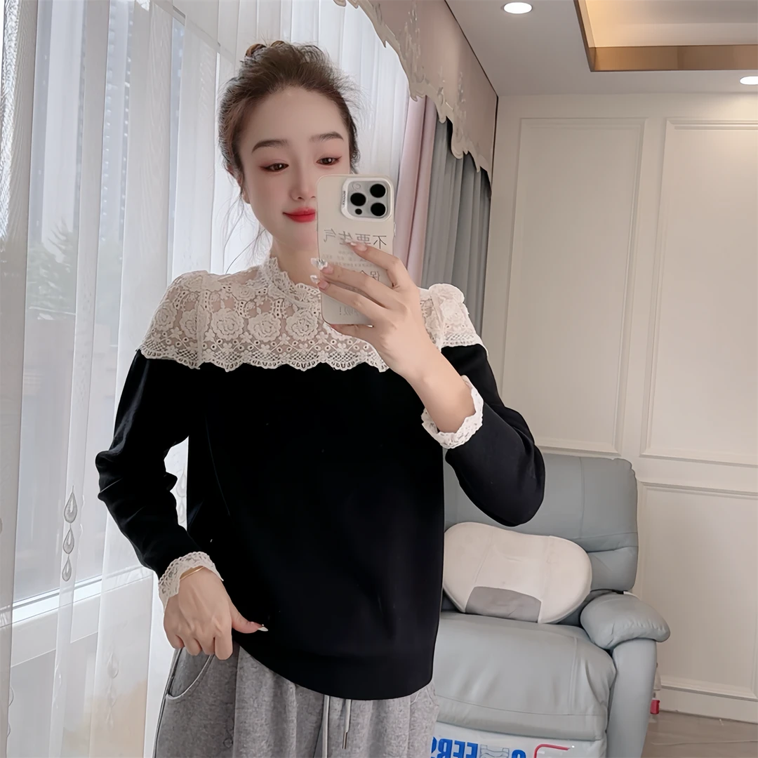 341现货秋冬厚针织衫蕾丝拼接宽松女装打底衫气质显瘦时尚套头