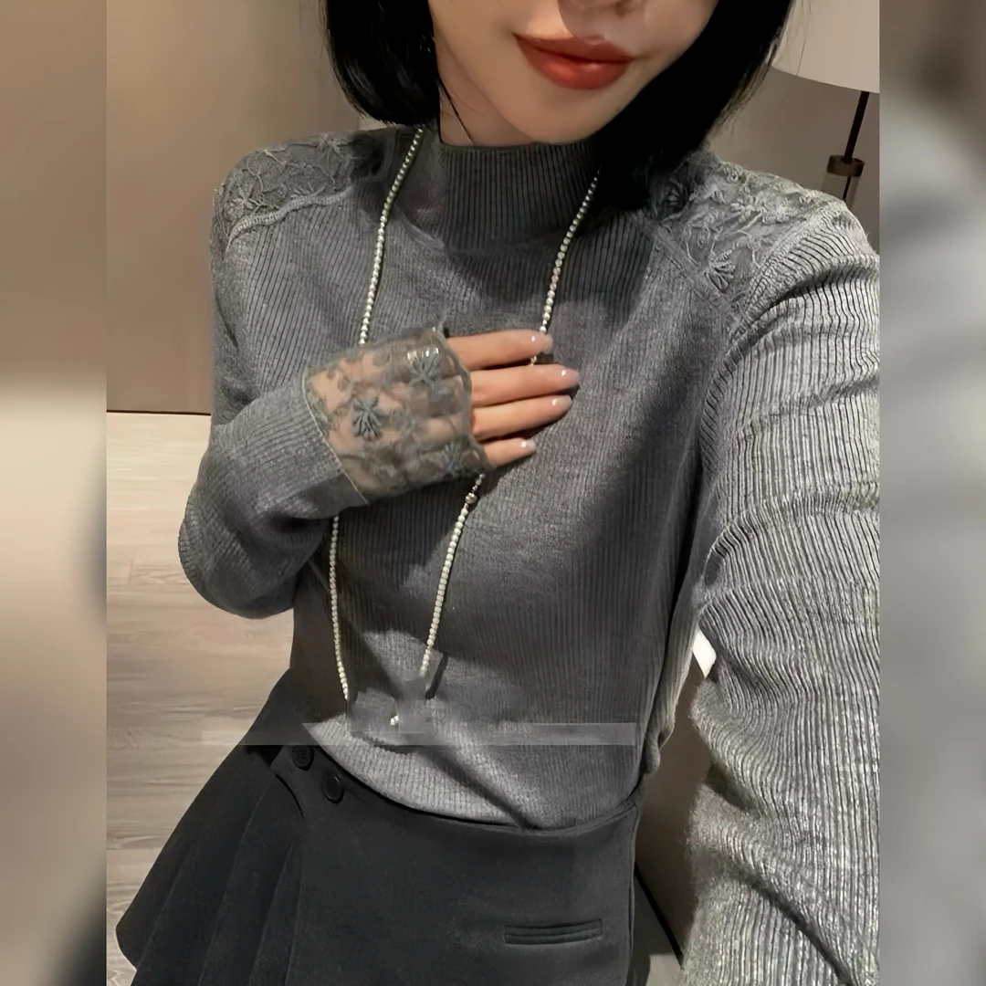 357现货秋冬季针织衫女装半高领长袖肩膀蕾丝拼接百搭套头打底衫