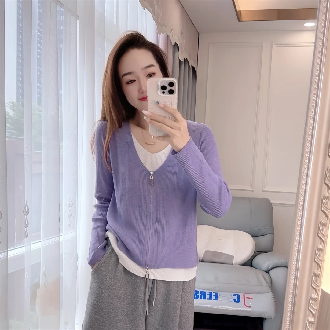 277现货秋冬新款针织衫开衫大码女装假两件拉链V领长袖显瘦外套