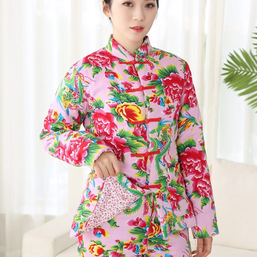冬季新款丝棉上衣加厚大花棉袄韩版修身居家服立领盘扣外套可水洗
