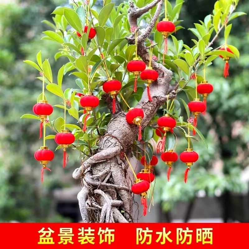 新年植绒小灯笼结婚乔迁室内盆景装饰布置户外防水树上挂饰红灯笼