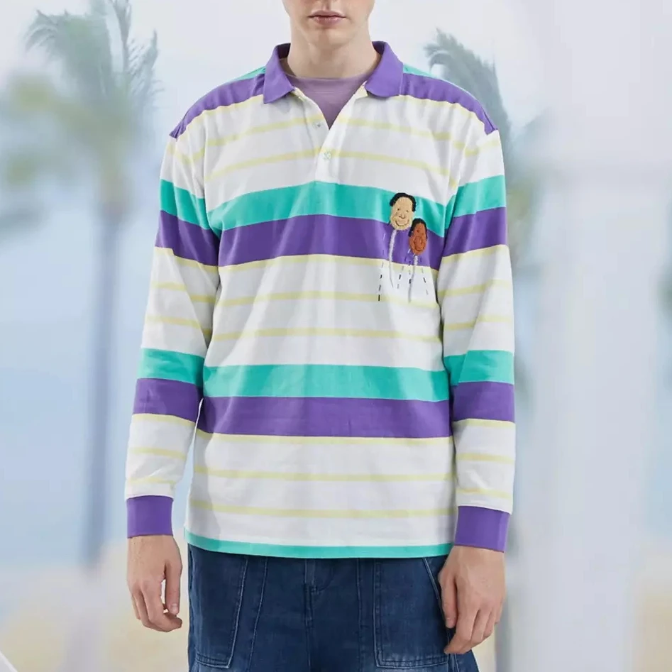 商场撤柜男女同款时尚轻奢休闲百搭宽松春季Polo条纹长袖T恤205