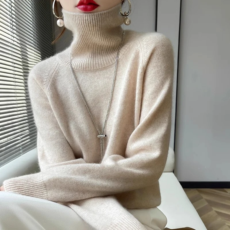 鄂尔多斯市秋冬时尚羊绒衫女高领针织保暖毛衣套头宽松打底衫上衣