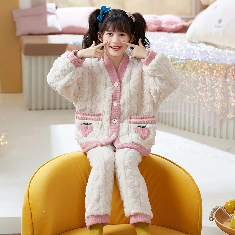 女童睡衣2024新款秋冬季珊瑚绒加绒保暖女孩法兰绒大童家居服套装