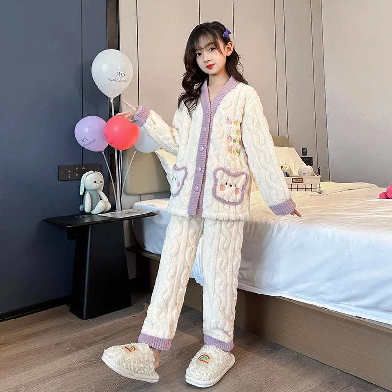 女童睡衣套装冬款法兰绒加厚款洋气中大童女孩珊瑚绒保暖家居服