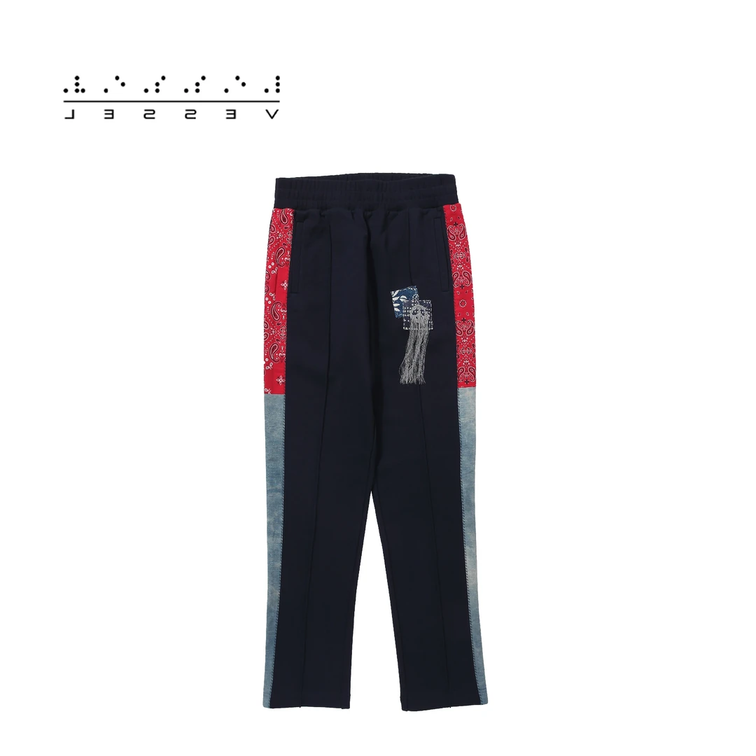 XVESSEL 明星网红同款印花古布拼接黑色灯芯绒休闲长裤