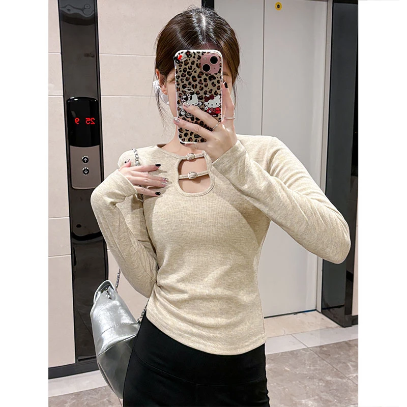 加绒辣妹镂空打底衫女秋冬款螺纹内搭纯欲设计感百搭修身显瘦上衣