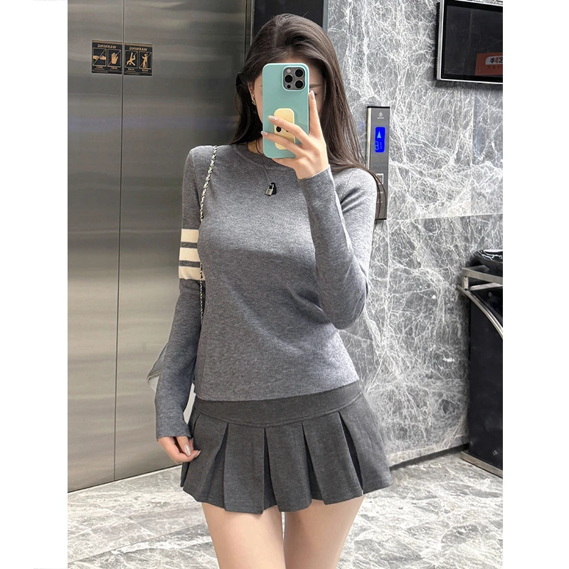 秋冬新款乖乖学妹针织衫女修身显瘦洋气毛衣设计感杠条长袖打底衫