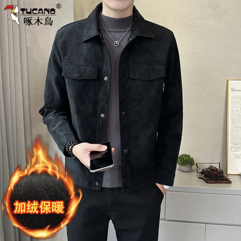 TUCANO/啄木鳥男士休闲时尚夹克冬季加绒加厚麂皮绒加绒翻领外套.