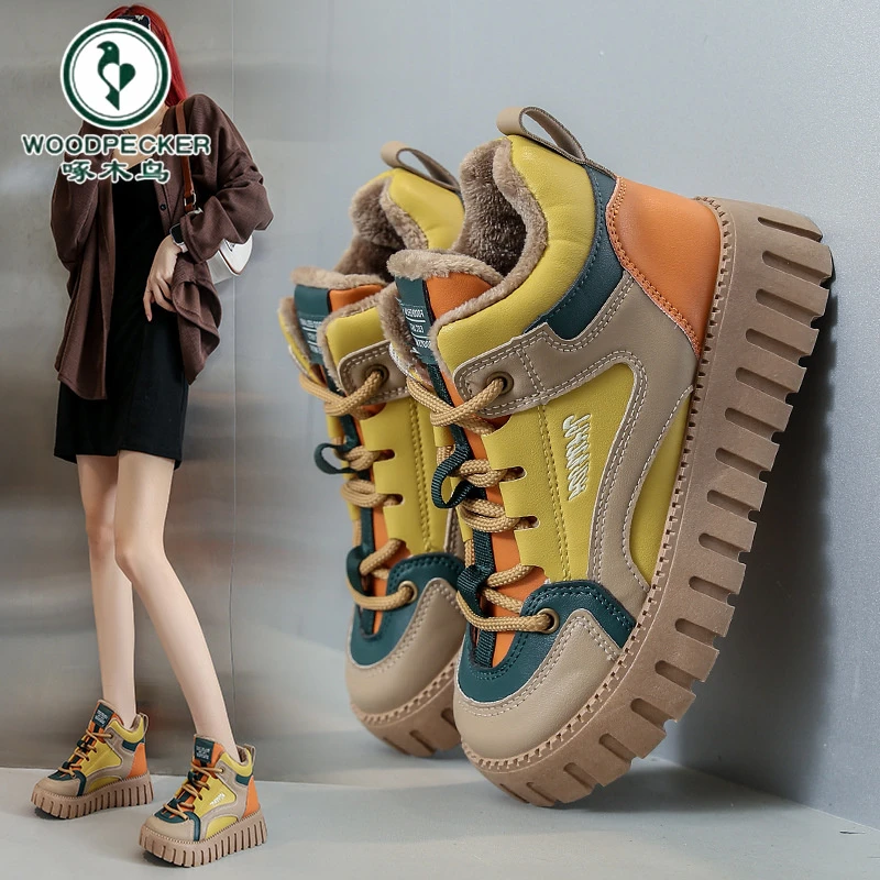 啄木鸟2024冬季韩版新款老爹鞋高帮休闲加绒棉鞋厚底保暖女鞋
