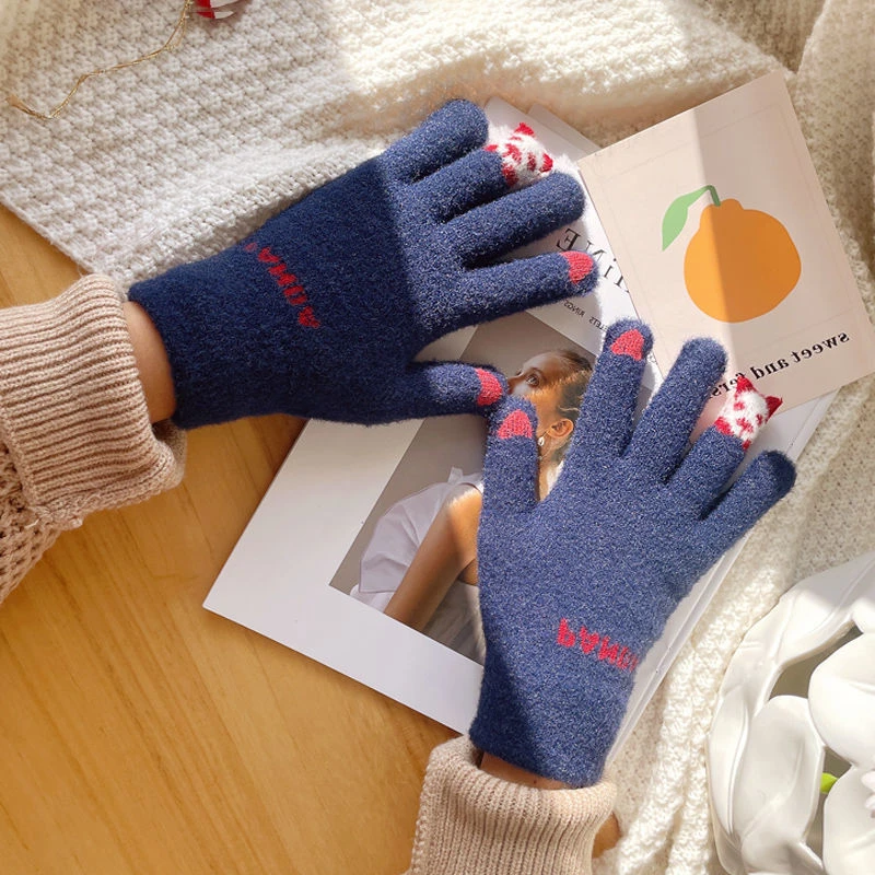 手套冬天女可爱卡通五指针织韩版学生男骑车保暖防风防寒触屏冬季