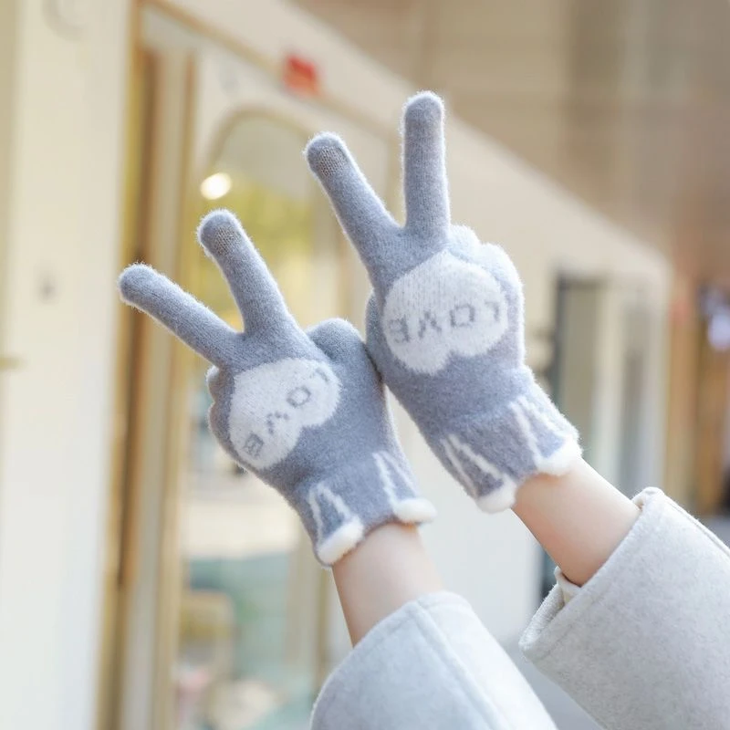 手套冬季女新款加厚保暖ins兔耳可爱学生骑车防寒毛线触屏手套女