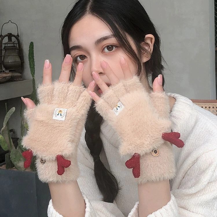 冬天手套女韩版百搭可爱猫爪手套潮学生露指保暖加绒针织翻盖手套