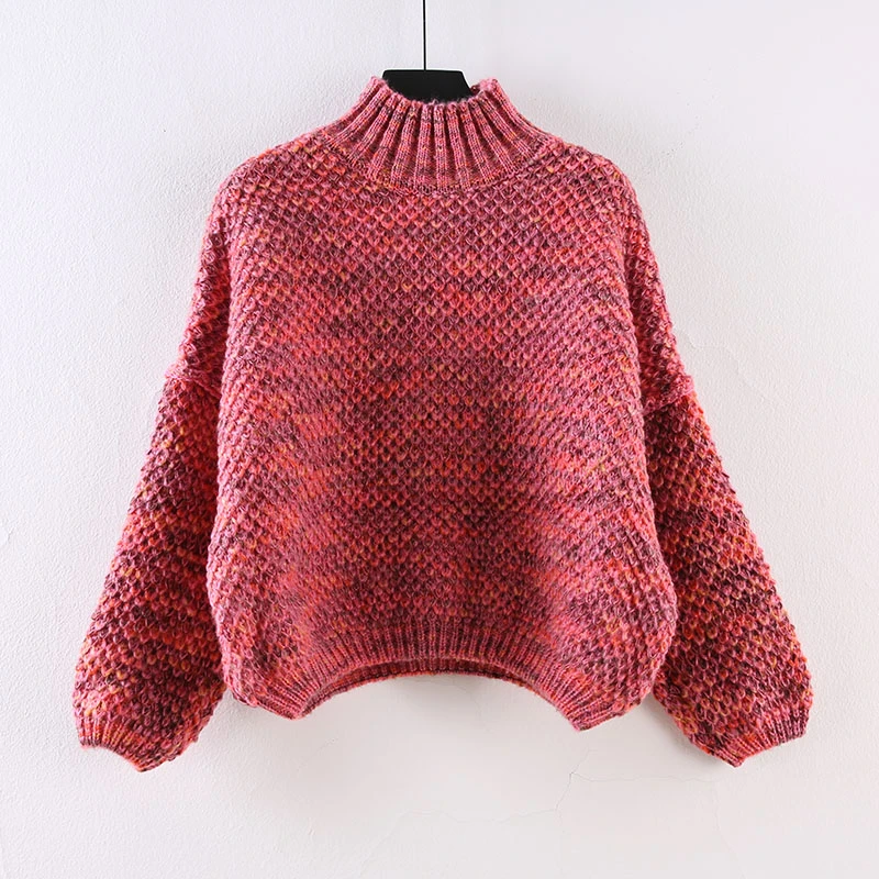 韩版高腰毛衣女短款2023秋冬半高领粗毛线加厚打底衫针织宽松上衣
