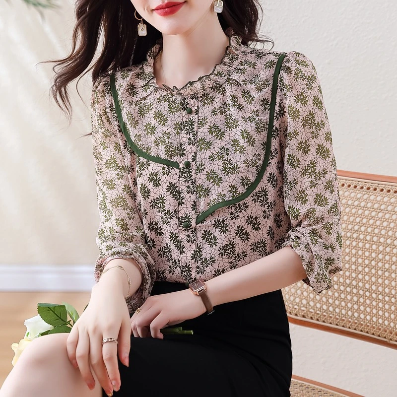 高档衬衣气质洋气雪纺衬衫2023年显瘦新款小衫女士遮肚碎花上衣