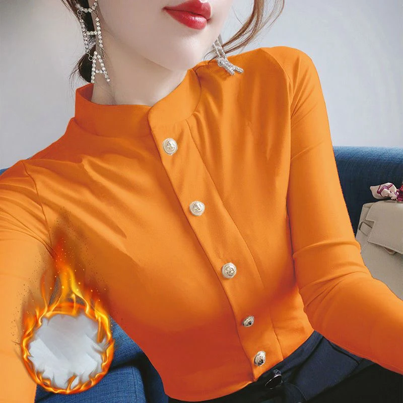 薄/半高领2023白色装加绒新款时尚洋气纯色百搭打底衫t恤女上衣服