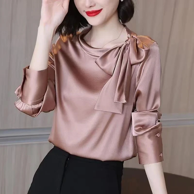 高端醋酸缎面衬衫女2023新款别致衬衣女洋气气质蝴蝶结时尚衬衫