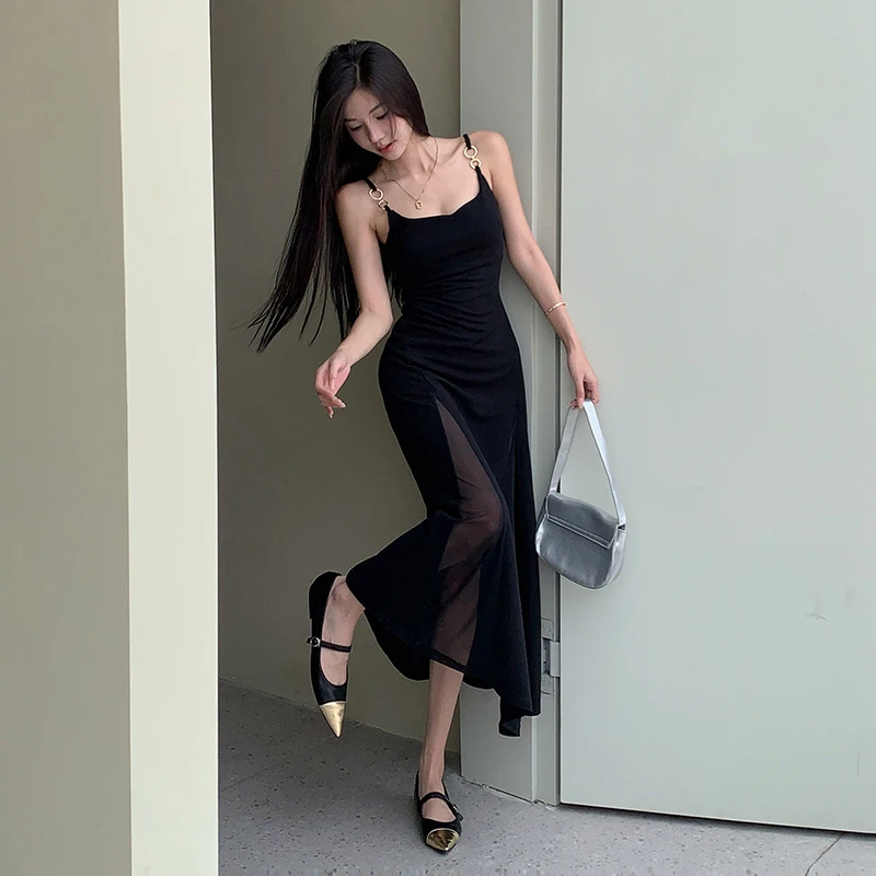 “小黑”气质吊带裙显瘦连衣裙开叉收腰性感修身中长款长裙法式露背
