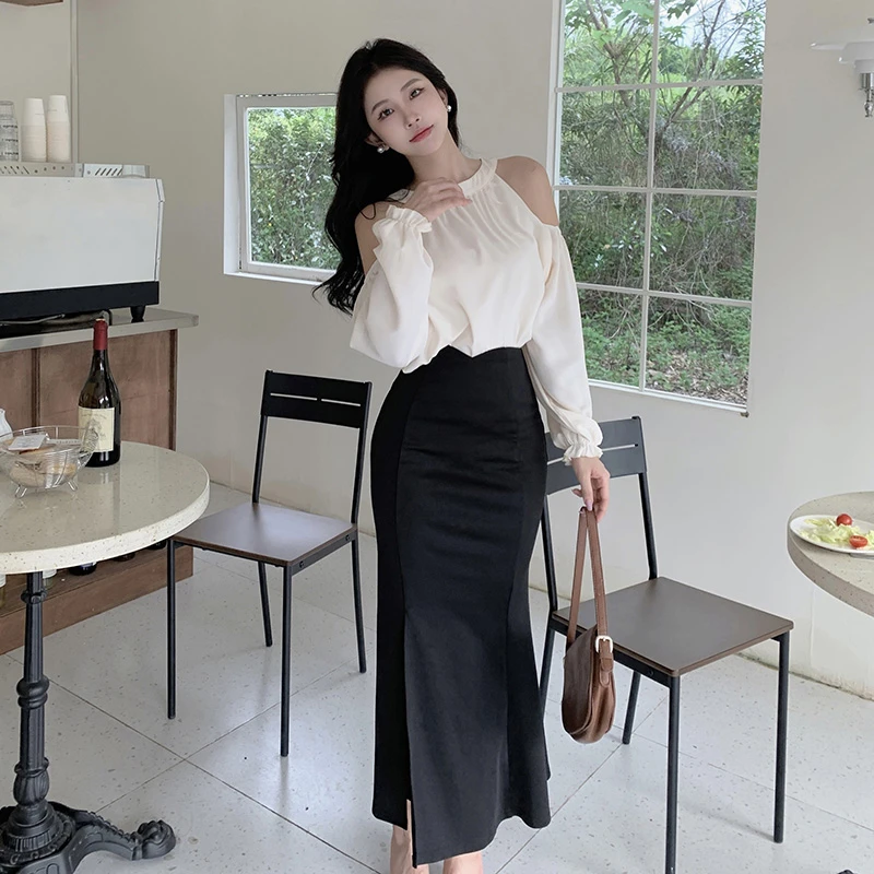 “天青雨”法式小心机露肩气质御姐上衣收腰显瘦包臀鱼尾裙两件套