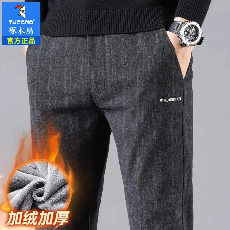 啄木鸟TUCANO条纹休闲裤男士2023秋冬季新款加绒直筒西裤潮流修身