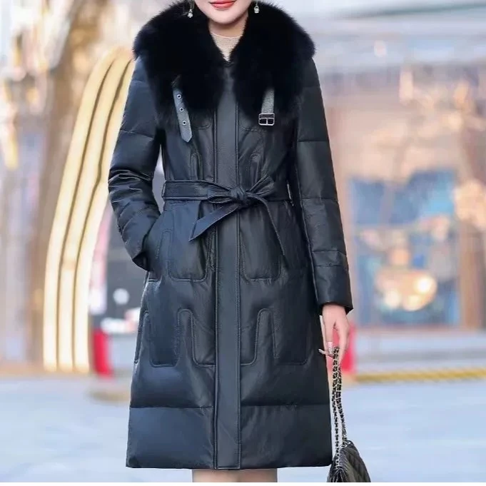 冬季绵羊皮气质百搭狐狸毛领收腰修身保暖长款女装