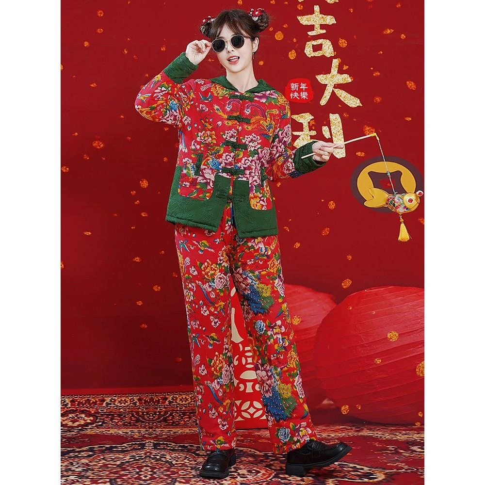 女士花棉袄2024新款冬季东北大花袄连帽加厚大码长袖棉衣棉裤套装