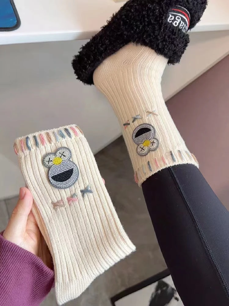 复古袜子秋冬新款高颜值卡通小青蛙中筒袜美式外穿长袜百搭女款袜