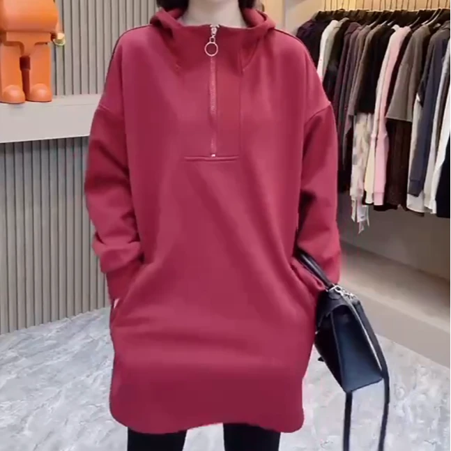 中长款卫衣半拉链连帽卫衣女新款爆款休闲宽松中长款大版上衣