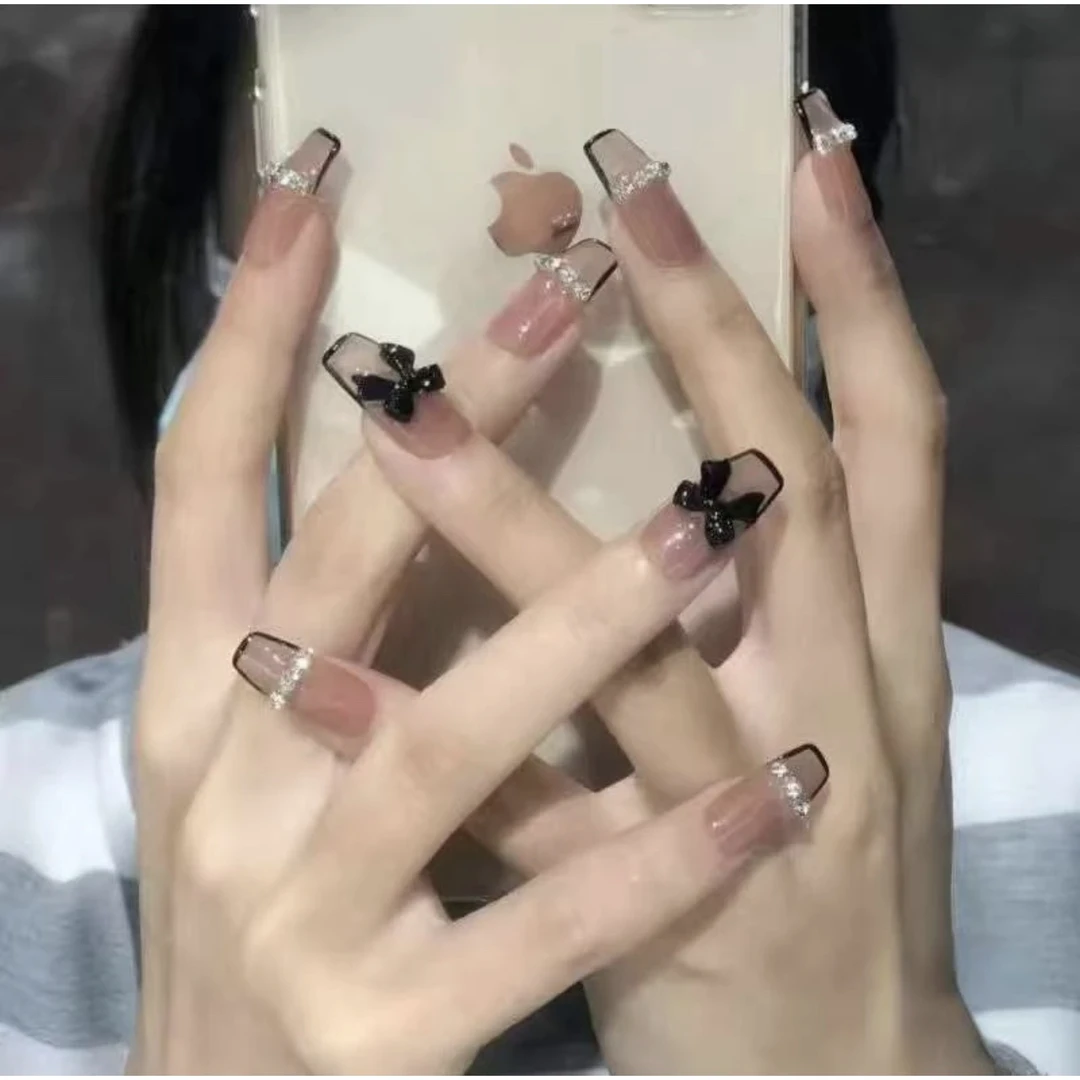 16号黑法式链条立体蝴蝶结假指甲片贴片成品轻熟大气穿戴式