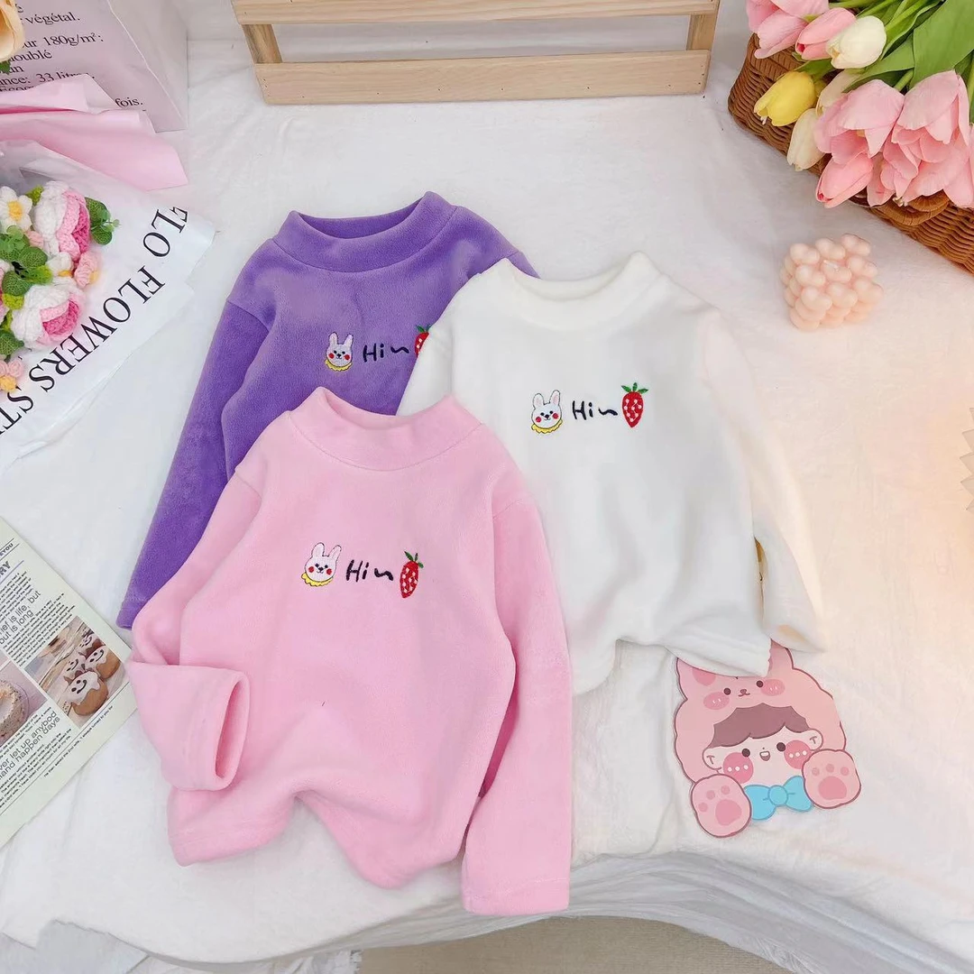 冬款新款女童简约百搭草莓兔子加绒打底衫.D-MC623