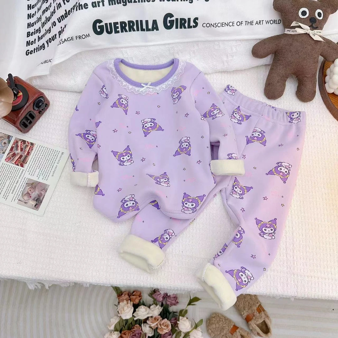 冬款新款女童甜美满印库洛米加绒家居休闲套装  D-FE06