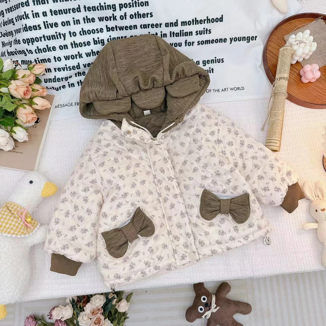 冬款新款女童百搭拼接满印小碎花加棉连帽外套 CN297