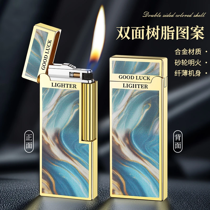 2024新款纤薄砂轮朗声侧滑创意窄机金属时尚大理石工艺打火机