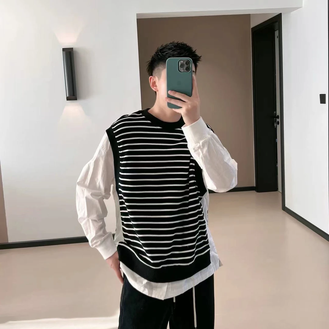 99011小众设计假两件拼接衬衫T恤