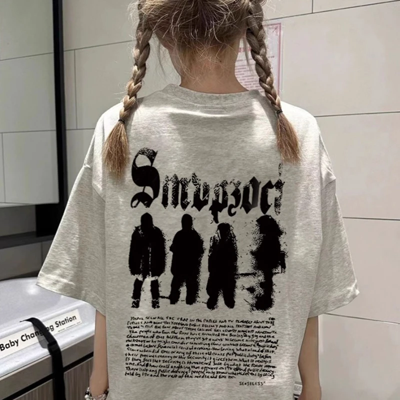 重磅硬挺纯棉白灰短袖T恤女百搭休闲夏季人物字母印花设计感