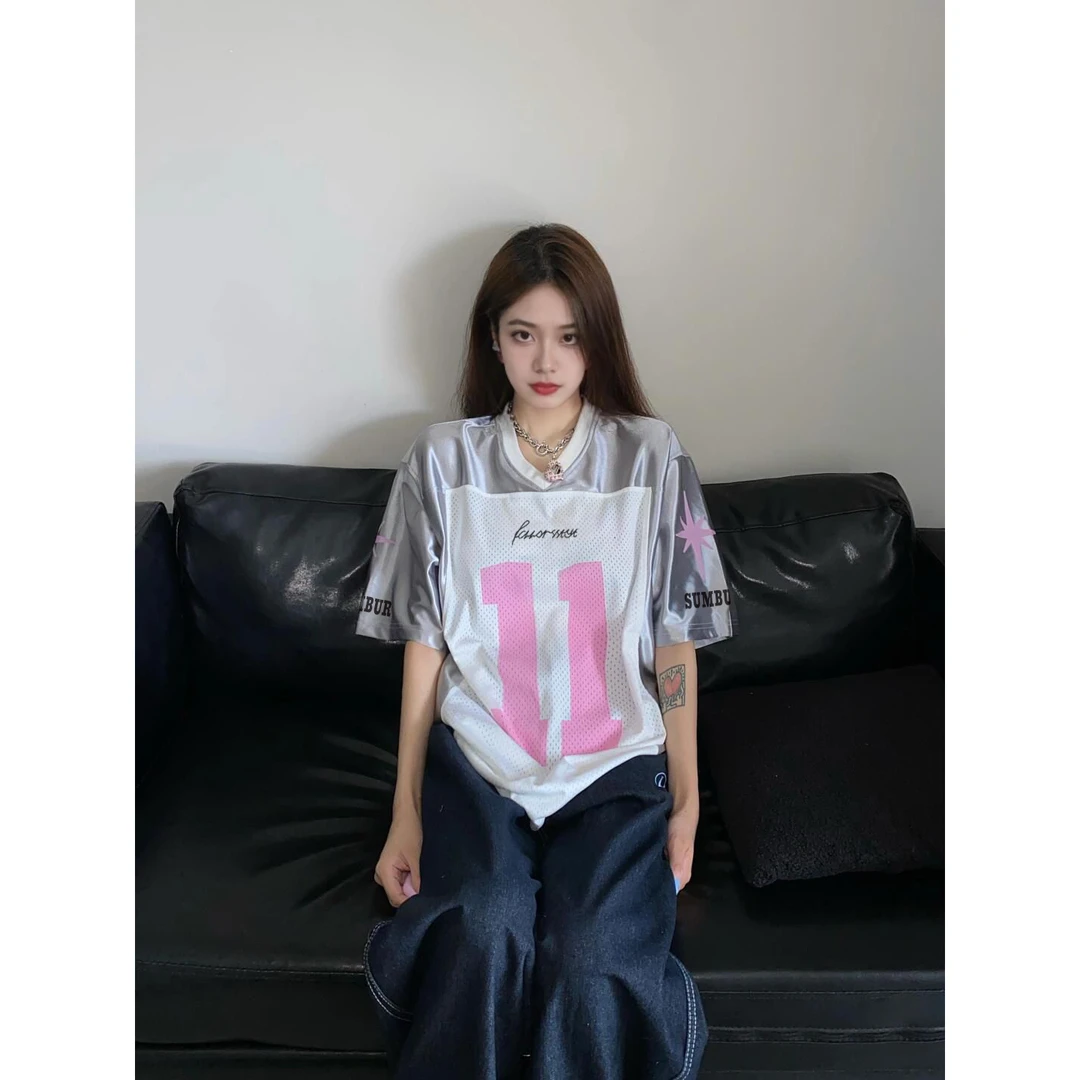 夏季美式运动风学生数字印花短袖t恤时尚潮流V领银粉上衣ins