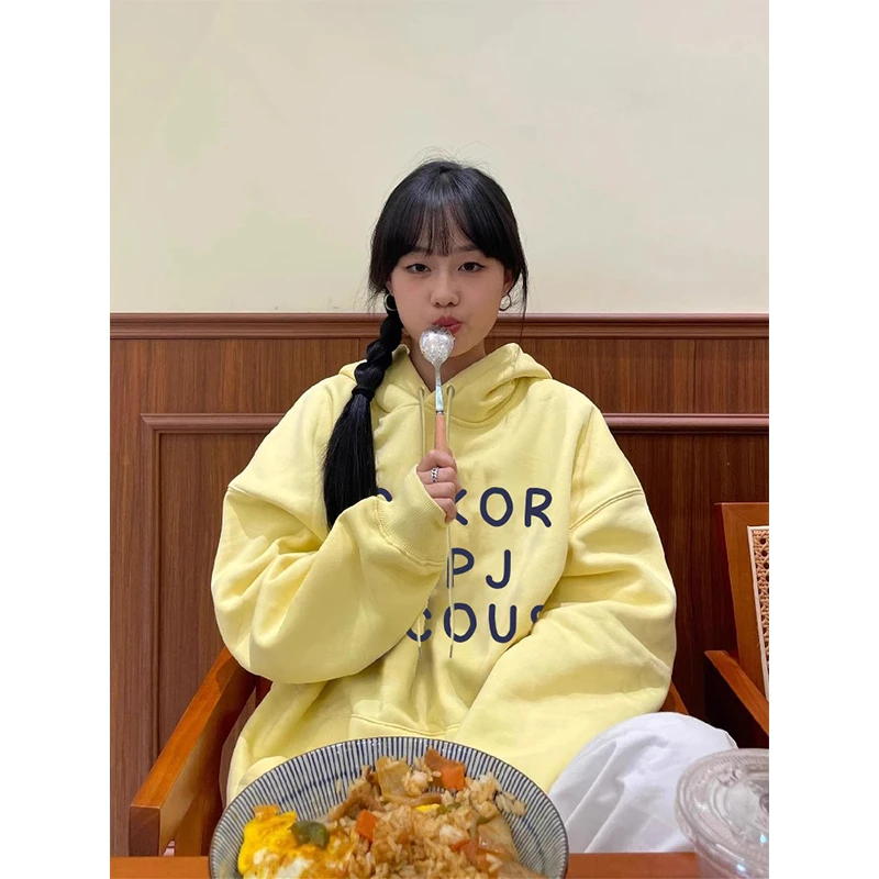 ABFP潮流连帽衫卫衣女学院风加绒加厚时尚国潮印花奶黄色春秋外套