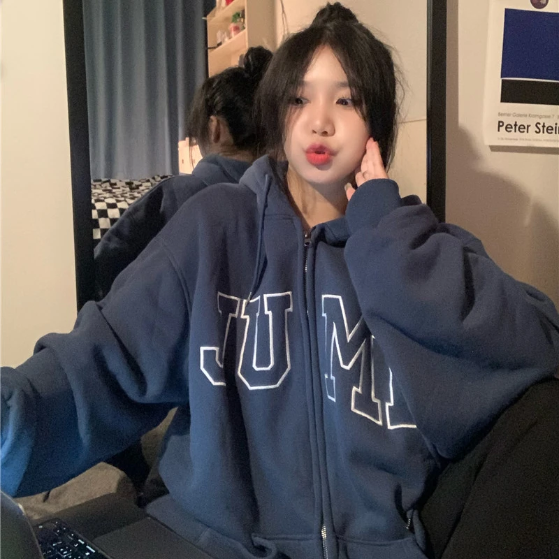 重磅银狐绒大码加绒潮牌连帽开衫卫衣女嘻哈春秋宽松外套上衣