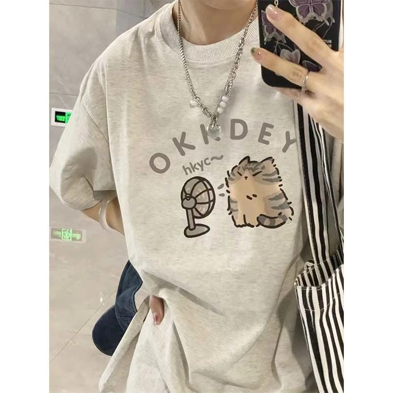 重磅纯棉短袖T恤女夏季小众高级感纯欲风卡通印花百搭上衣潮