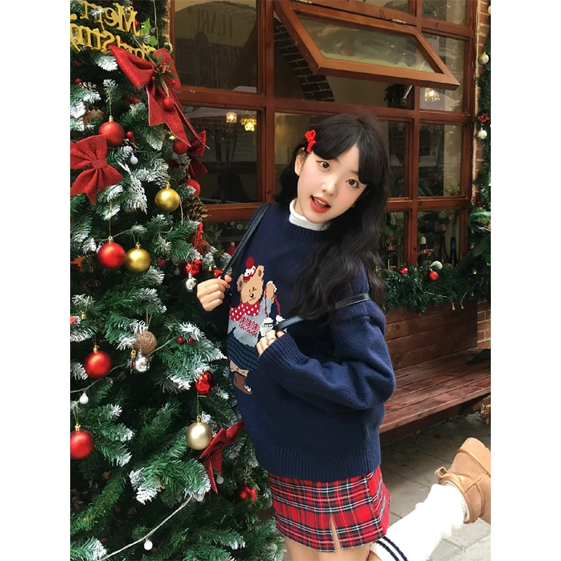 ABFP韩版春秋套头时尚卡通印花毛衣女学院风宽松圆领长袖加厚外套