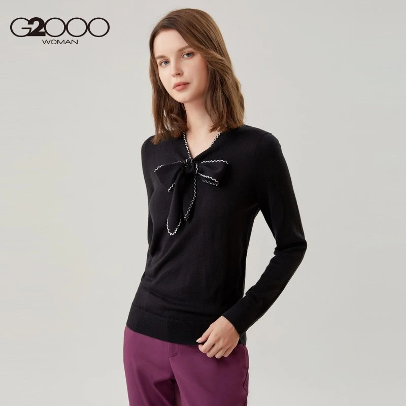 *G2000女装秋冬领口蝴蝶结系带针织衫优雅赫本风毛衣女08290401