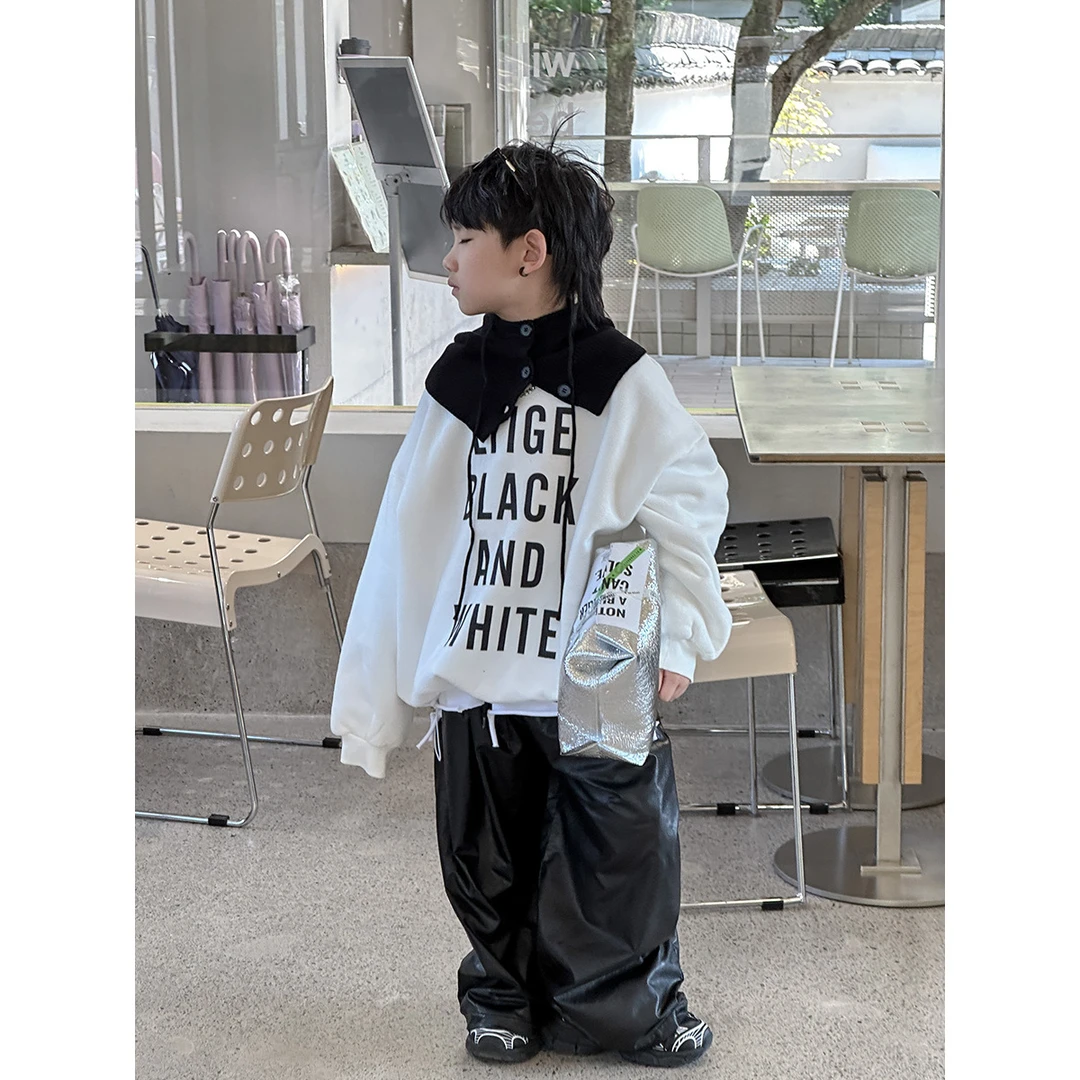 男童加绒卫衣帽子两件套儿童2024冬季新款潮范休闲卫衣大童卫衣潮