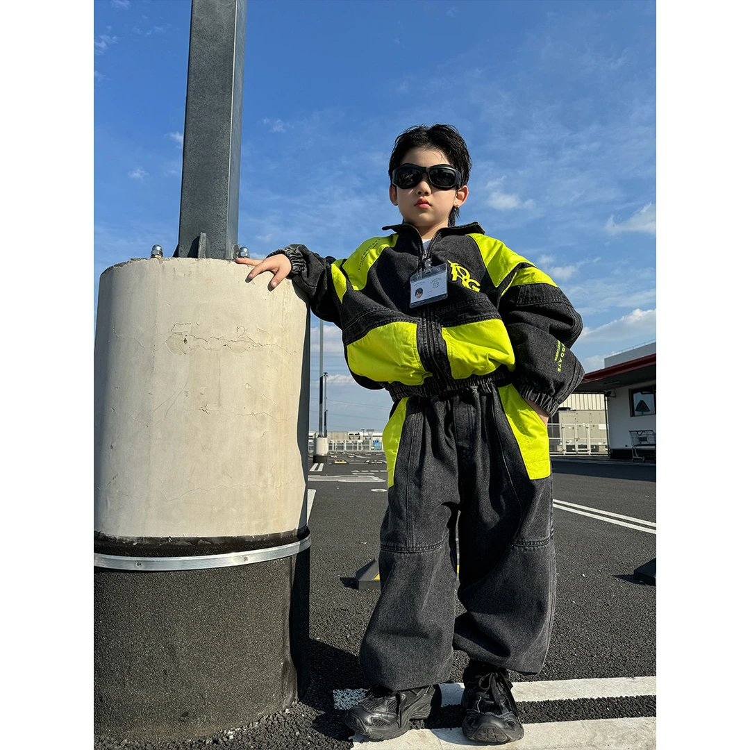 男童加绒牛仔套装2024冬季儿童机车真两件童装男孩夹克服运动休闲