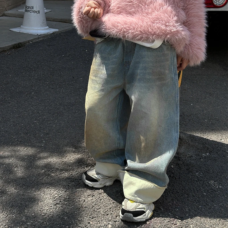 秋季童新品运动时尚休闲百搭新款复古做旧画油漆脚口翻边直筒裤子