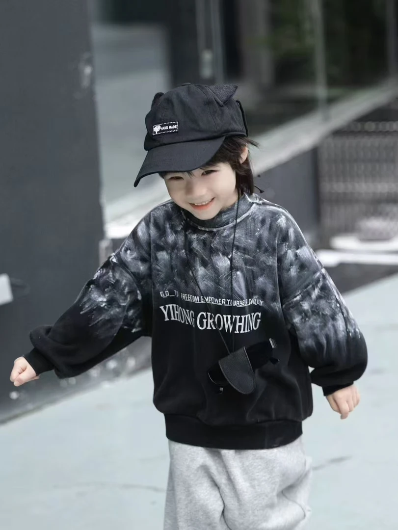 2024冬季童装新款儿童加绒圆领卫衣男童手工炒色打底衫潮休闲韩版