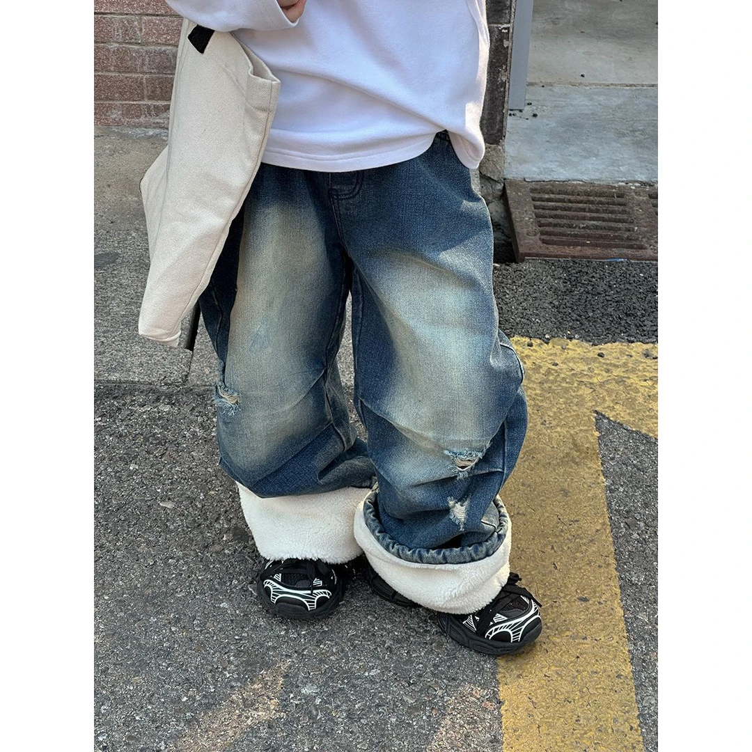 儿童加绒牛仔裤2024冬季男童毛毛边韩版长裤个性高街潮范直筒休闲