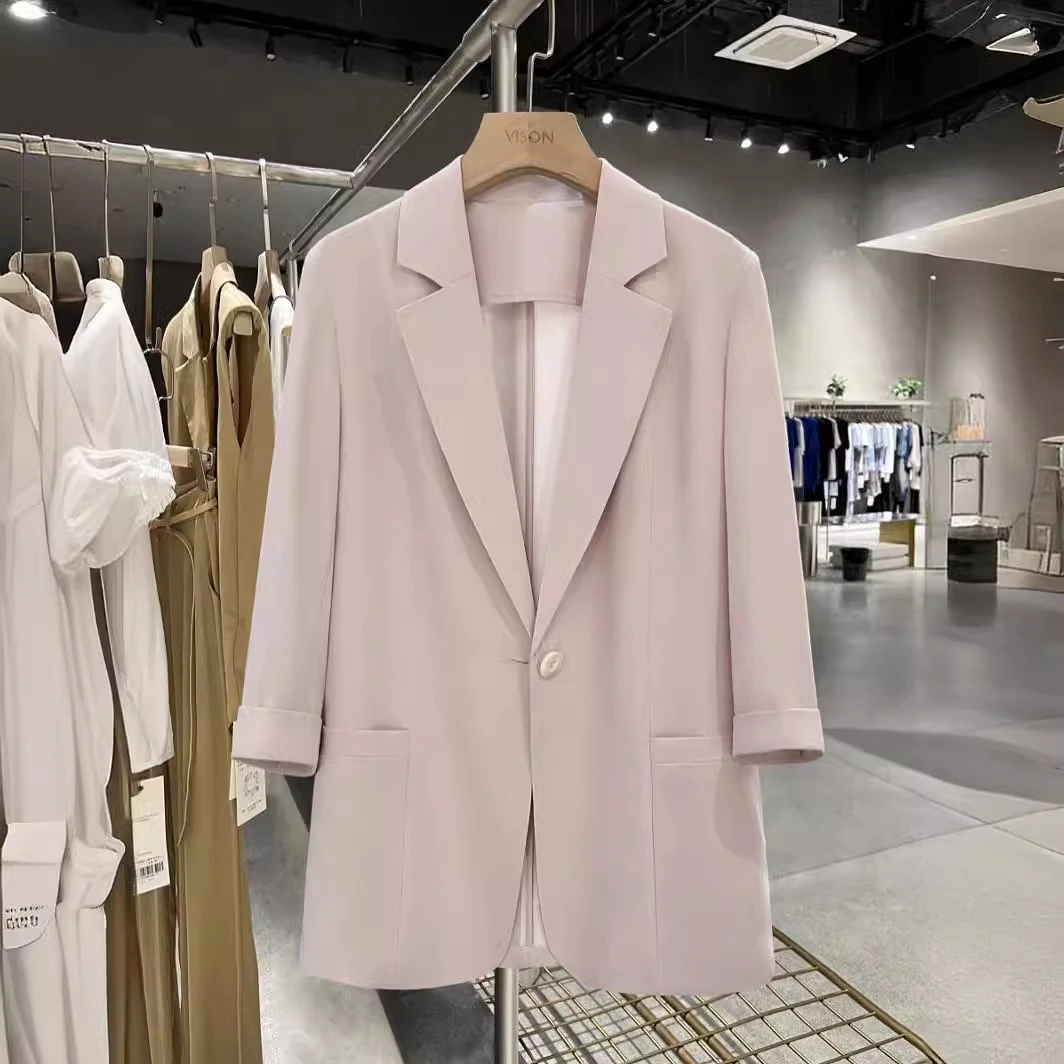 2025夏季薄款大码女装裸粉色七分袖百搭小西服胖mm显瘦外套200斤
