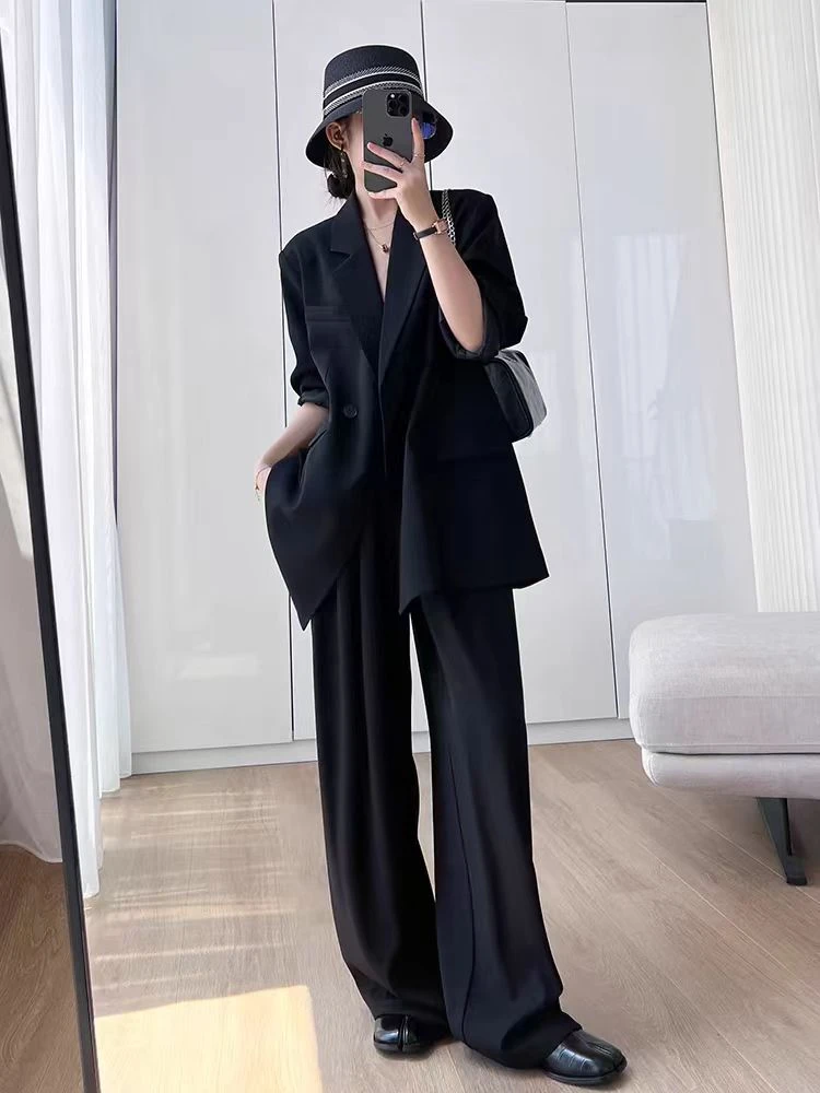 大码黑色西装外套女2025秋季新款韩版休闲时尚显瘦阔腿裤两件套装