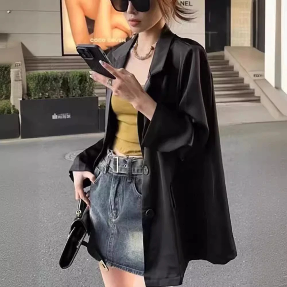 大码夏季薄款西装外套女胖mm高级感醋酸缎面西服冰丝防晒服200斤